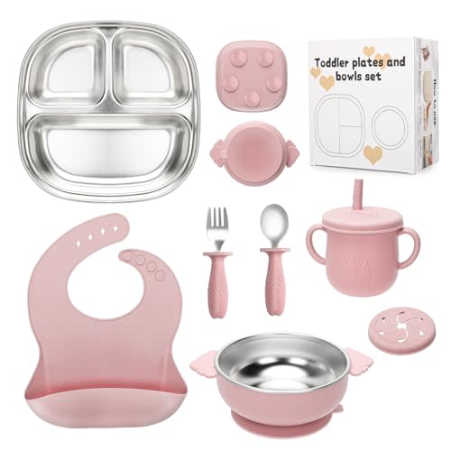 MISSLILI Stainless Steel Kids Plates and Bowls Set with Suction, Divided Baby Plate and Toddler Bowl with Removable Silicone Suction,Stainless Steel Weaning Bundle, Silicone Baby Feeding Set (Pink)