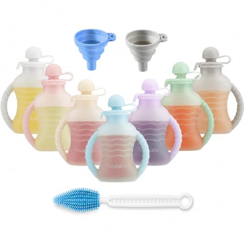 PandaEar 7-Pack Reusable Silicone Baby Food Pouches with Handles, 4oz Refillable Portable Pouches for Toddlers & Infants, BPA-Free Self-Feeding Yogurt & Smoothie Bags, Includes 2 Funnels