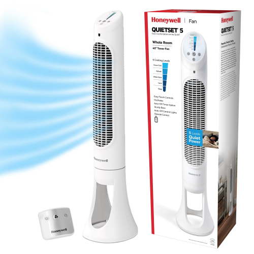 Honeywell 40" White Quiet Set Oscillating Tower Fan, 30ft Air Circulation Power, 5 Speed, Auto Off Timer, HYF260W