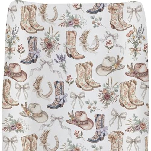 Boho Western Changing Pad Covers for Baby Girls Boys Vintage Cowboy Boots Flowers Leaves Bows Fitted Changing Table Cover Mats Country Desert Soft Diaper Changing Table Sheets 32''×16''