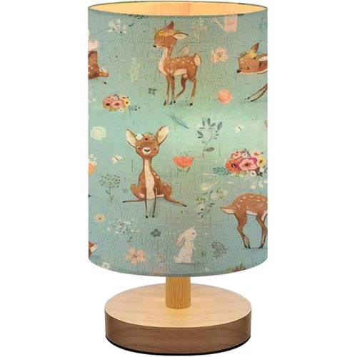 Bedside Lamp for Bedroom, Seamless Pattern Little Deer Hare Small Light, Linen Lampshade Table Lamp, Dimmable Nightstand With Woodbase for Living Room Office