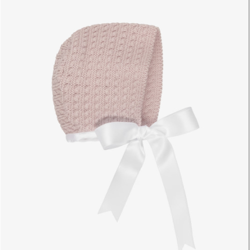 Mebi - Pink Cotton Knit Baby Bonnet with Ribbon Ties | Childrensalon