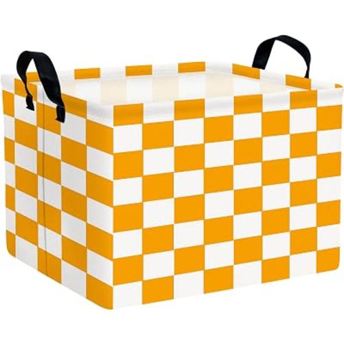 Cute Kids Car Checkered Toy Basket Fabric Baby Boy Storage Bins Nursery Room Bedroom Decor (Orange)
