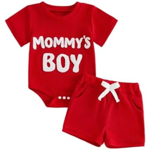 Douhoow Baby Boy Summer Outfits Short Sleeve Mamas Boy Embroidery Baby Waffle Romper Shorts Set Infant Festival Clothes