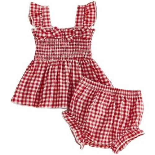 Baby Girl Clothes Infant Summer Outfits Set Plaid Ruffle Sleeve Shirt Tops and Bloomers Shorts