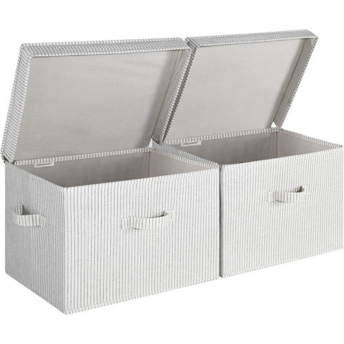 Highland Dunes Decorative Fabric Storage Bins With Lid – 2-Pack Gray & White Stripes, Jumbo Stackable Closet Organizer Baskets With Handles | Wayfair