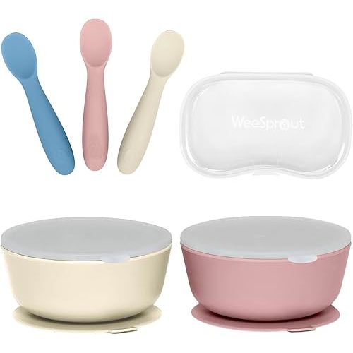 WeeSprout 2 Suction Bowls & 3 Baby Spoons with Travel Case Bundle - Silicone Baby Feeding Essentials - Leak-Proof Bowls with Lids - Soft Self-Feeding Spoons - Dishwasher Safe Toddler Dinnerware