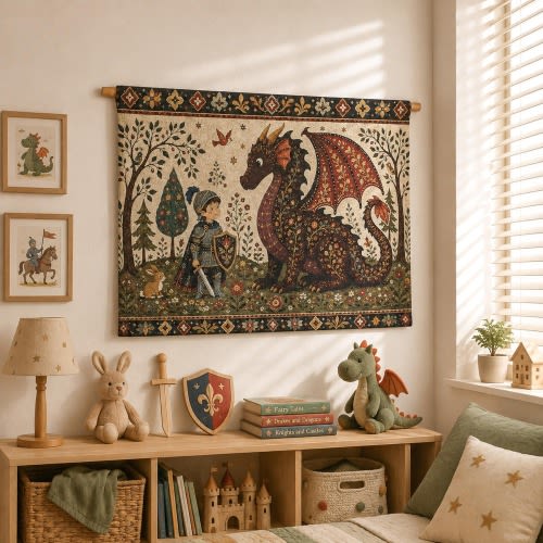 Dragon Knight Woven Tapestry, Fantasy Nursery Wall Decor, Medieval Storybook Wall Hanging, Whimsical Kids Room Decor, Baby Shower Gift