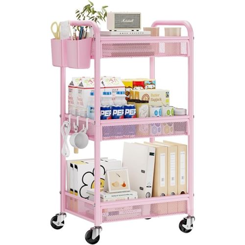 YASONIC 3 Tier Rolling Cart – Metal Utility Storage Cart with Wheels, Craft Cart Organizer with Hanging Cups, Hooks, Mesh Basket for Bedside Kitchen Office Art, Pink