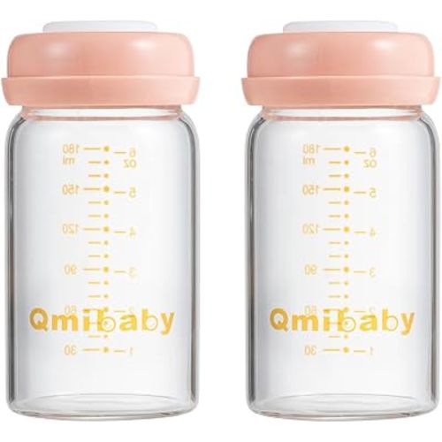 Baby Bottles,Wide Neck BPA Free Breast Milk Container 6oz Screw Ring Sealing Disk Re-markable Sealing Disc Fits Breast Pumps & Nipples Collection Bottles for Fridge (2 Pink Lids)