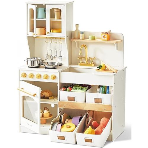 Tiny Land Play Kitchen for Kids with Enhanced Storage – Modern Toddler Kitchen Playset with Stove, Sink & Accessories, Organized Wooden Toy Kitchen, Ideal for Toddlers