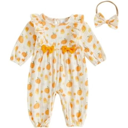 Infant Baby Girl Halloween Outfit Cotton Linen Pumpkin Bubble Jumpsuit Romper Ruffle Sleeve Long Overalls with Bow