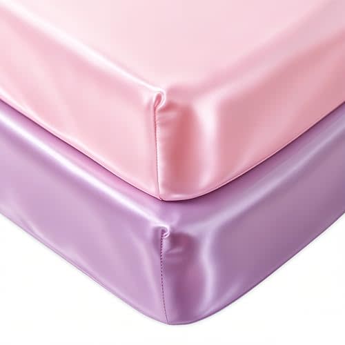 Pro Goleem 2 Pack Satin Pack and Play Playard Sheets, Pink & Purple | Great for Baby Hair Silky Feeling 27x39 Inch Fitted Mattress Cover Portable Mini Crib Sheet for Girls