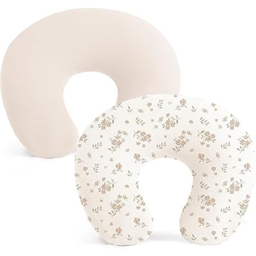 Konssy 2 Pack Nursing Pillow Covers, Stretchy and Soft Nursing Cover for Breastfeeding, Pillow Slipcover for Baby Girls Boys Newborn (Beige, Blossom)