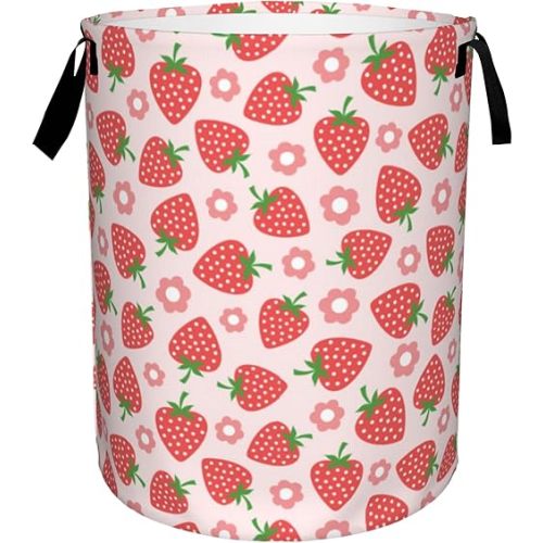Pink Strawberry Large Storage Basket,Vintage Groovy Flower Laundry Hamper/Bathroom/Home Decor/Collapsible Round Storage Bin,Boys Girls Dirty Clothes Hamper/Boxes/Toys Storage 16x20 Inch