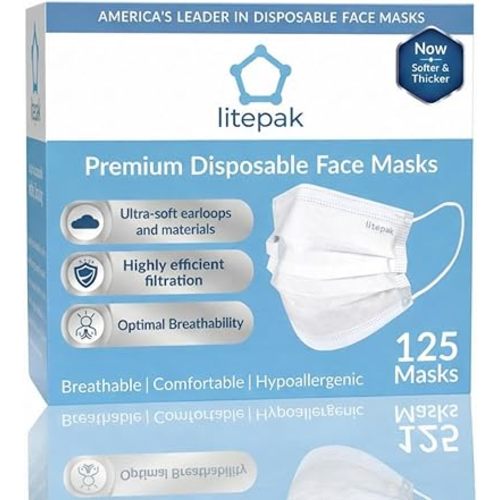 Litepak 125-Pack Disposable Face Mask Premium Comfort Earloops with Dispenser Box (White)