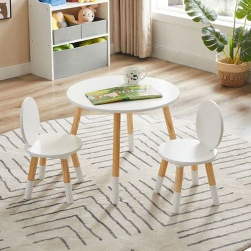 VECELO 3-Piece Kids Table and Chairs Set, Wooden Children Activity Furniture for Playroom or Classroom, White