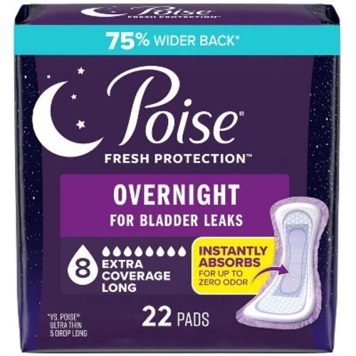 Poise Incontinence Bladder Control & Postpartum Pads for Women - Extra Coverage - Overnight Absorbency (8 Drop)