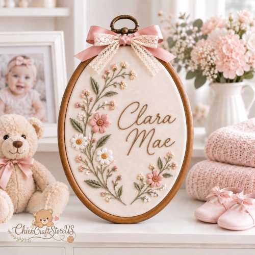 Personalized Wildflower Baby Name Embroidery Hoop, Custom Name Floral Nursery Sign, Blush Botanical Wall Decor