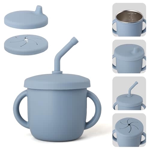 4-in-1 Stainless Steel Silicone Sippy Cup, 8.5oz Toddler Open Cup with Straw, Sippy & Snack Lids, For Baby Led Weaning, Toddlers 1-3 Years Trainning Kids Drinking, Dishwasher Safe,Cloudy Blue