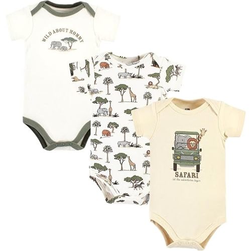 Hudson Baby Unisex Baby Cotton Bodysuits, Going On Safari 3-Pack, Newborn