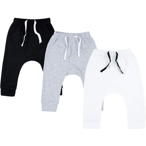 SOBOWO Baby Joggers 3-6 Months Baby Boy White Pants Newborn 3-Pack Joggers Infant Cotton Harem Pants for Toddler Boys Girls Interlock 195 GSM (3-6 Months, Black/White/Grey)
