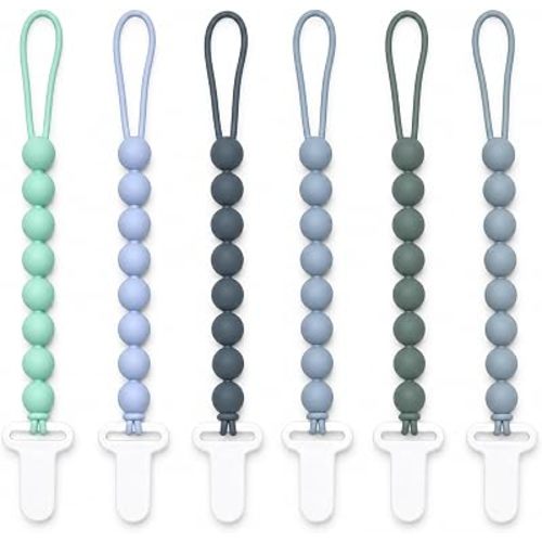 6 Pack Silicone Pacifier Clips for Boys and Girls, One-Piece Beads Pacifier Clip Set with Durable Plastic Clip, Modern Color Pacifier Holder for Baby Essentials