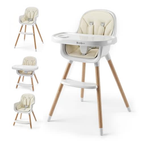 Baby High Chair Wooden Highchair with Removable Tray, Adjustable Legs, Cushion, 5-Point Harness & Footrest, Cream