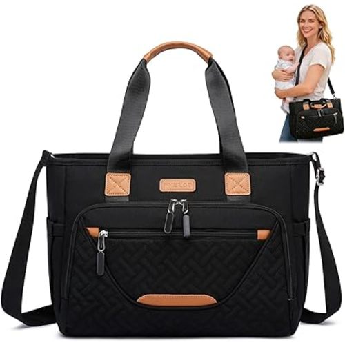 Diaper Tote Bag, 4 in 1 Tote Diaper Bag with 16" Laptop Compartment, Baby Bag with 3 Insulated Pocket for Nurse, Ideal for Travel, Work (Black)
