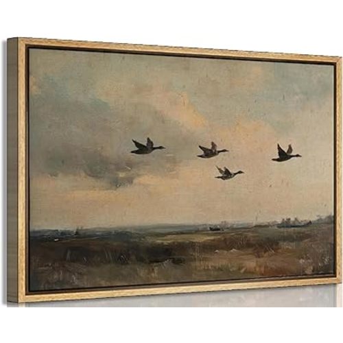 Frame Vintage Flying Duck Wall Art Rustic Countryside Landscape Painting Artwork Vintage Mallard Duck Wall Decor Picture Wildlife Print for Living Room Bedroom Office Rustic Decoration 8x10in