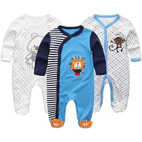 Baby Boys Girls Footies One-Piece Romper Long-Sleeve Jumsuit Cotton Newborn Clothes Set 3-Pack Baby Pajamas