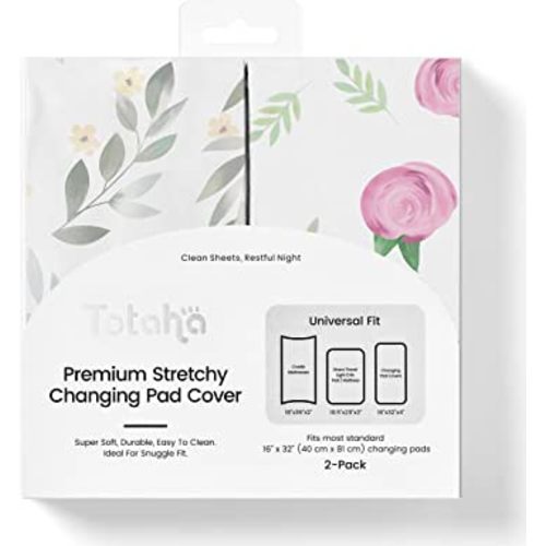 TotAha Premium Stretchy Changing Pad Covers (2-Pack)-Hypoallergenic, Silky Comfort, Buttery Soft, Calming Effect, All-Season Jersey-Knit 32'' X 16'' X 5'' Deep Pocket (Pink Buds & Green Leaves)