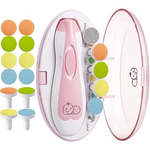 Royal Angels Upgraded 21 in 1 Baby Nail Trimmer with Labeled Case, 12 Extra Replacement Pads, Safe Electric Baby Nail File Kit for Newborns & Toddlers, Whisper Quiet Nail Clipper with LED Light (Pink)