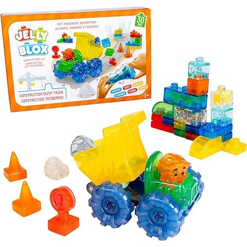 Jelly Blox Construction Dump Truck Set | 30 Pieces | Toddler & Preschool Building Blocks Kids Can Squeeze, Stretch, Squish | MESH ACCREDITED | Safety Tested & Ouch-Free | Sensory Play Toy Ages 2+