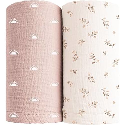Konssy Muslin Swaddle Blankets for Girls Boys, 2 Pack Receiving Baby Blanket Large 47 x 47 inches, Soft Breathable Swaddling Wrap for Unisex Newborn (Pink Sun,Khaki Leaf)