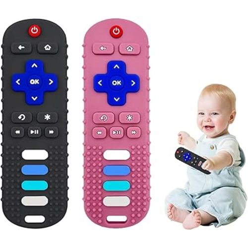 2-Pack Baby Teething Toys-TV Remote Control Shape Silicone Infants Teething Toys for Babies 0-18 Months,BPA-Free (Black+Pink)