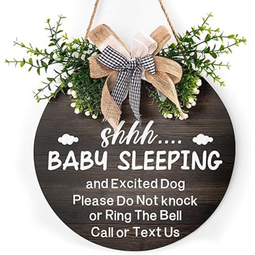 Baby Sleeping Sign for Front Door 12"x12" Please Do Not Knock Or Ring The Bell Round Wooden Hanging Plaque Sign Baby Room Decor for House Porch Yard Garden