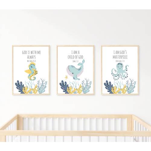 Kids Ocean Themed Bible Verse Printable Wall Art, Christian Nursery, Bible Verse Prints, Sunday School Decor, Christian Gift, Nursery Decor