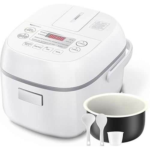 TOSHIBA Cuiseur à riz 3 tasses non cuit – Écran LCD avec 8 fonctions de cuisson, technologie Fuzzy Logic, minuterie de retard de 24 heures et maintien automatique au chaud, pot intérieur antiadhésif,