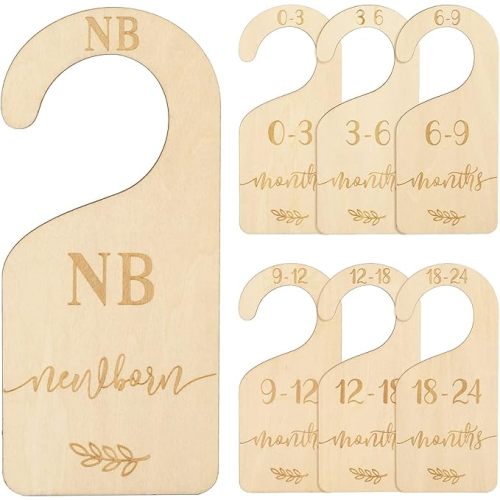 Whaline Wooden Baby Closet Size Dividers Set of 7 Wardrobe Hanger Organizer from Newborn to 24 Month Nursery Decor Dividers with Blue Velvet Bag Design for Home Nursery Infant Baby Clothes