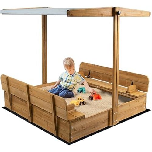 Kids Sand Box with Cover,Wooden Outdoor Sandbox with Lid,Foldable Bench Seat/Adjustable Canopy,UV-Protection &Natural Wood,Sand Box for Kids Ages 2-8(47x47in)