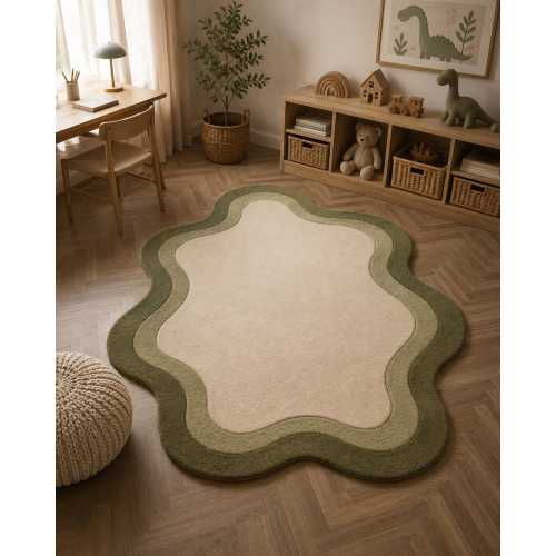 Olive Green & Cream Scalloped Area Rug, Organic Flower-Shaped Nursery Kids Room Carpet