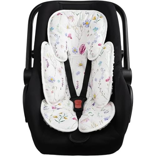 Pea Pod Infant Car Seat Pad 2-in-1 Baby Car Seat Head & Body Support for Newborn Girl Reversible 3 Layer Warm Preemie Carseat Stroller Cushion Headrest with Soft Minky Dot Fabric, Wildflower