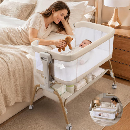 Zoomie Kids 4 in 1 Baby Bassinet with Wheels, Mattress,Heights Adjustable,Breathable Mesh,Bedside Bassinet Sleeper,Portable Crib for Newborn and Infan,Beige | Wayfair