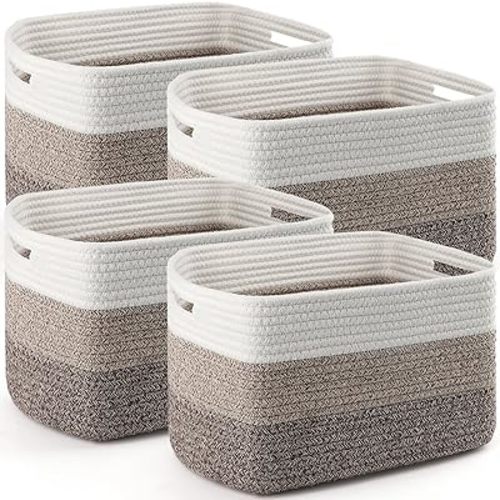 4 Pack Storage Baskets for Organizing, 12''Lx9''Wx8''H Woven Baskets for Storage Toys, Towels, Books, and Clothes, Cotton Rope Basket for Shelves with Handle White & Brown