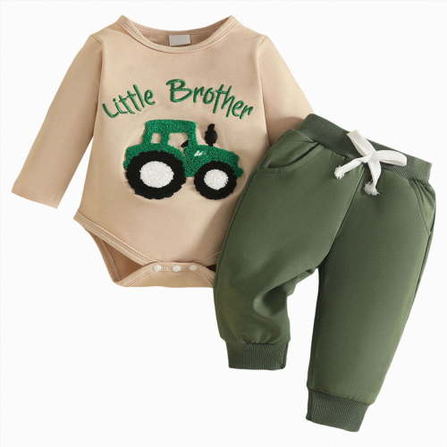 Splozh Baby Boy Fall Clothes 3 6 12 18 Months Winter Outfit Truck Embroidery Long Sleeve Romper and Pants Sets Baby Boy Outfit Sets,Green,12-18 Months