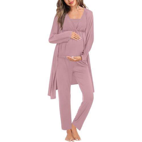 SWOMOG Women Maternity Nursing Pajamas Sets 3 Piece Breastfeeding Robe 3 in 1 Labor Delivery Sleeveless Pregnancy Pjs & Pants