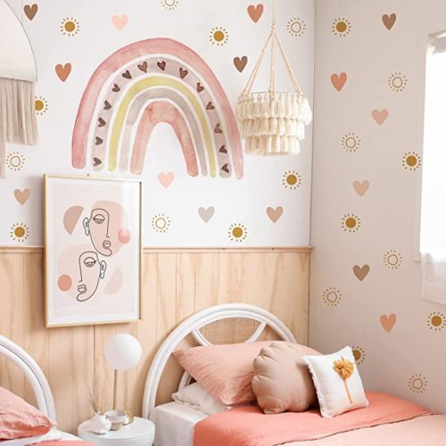 funlife Large Watercolor Rainbow Wall Decals Peel and Stick, Boho Yellow Sun Decal Boho Heart Wall Sticker for Girls Bedroom Decor, Kids Nursery Room Sunrise Playroom Wall Art Decor Decal