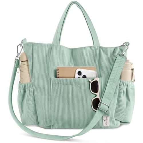Miss Adola Crossbody Corduroy Tote Bag for Women, Large Tote Bag with Multi-Pockets and Zipper for Travel Work
