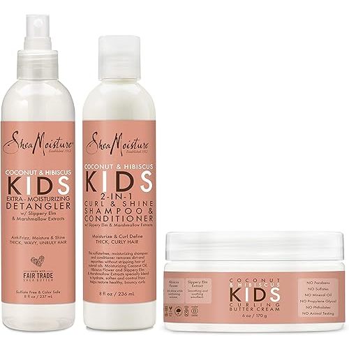 SheaMoisture Kids Extra Moisturizing Detangler, 2-In-1 Curl & Shine Coconut Hibiscus Shampoo & Conditioner, and Curling Butter Cream for Curly Hair 3 Count